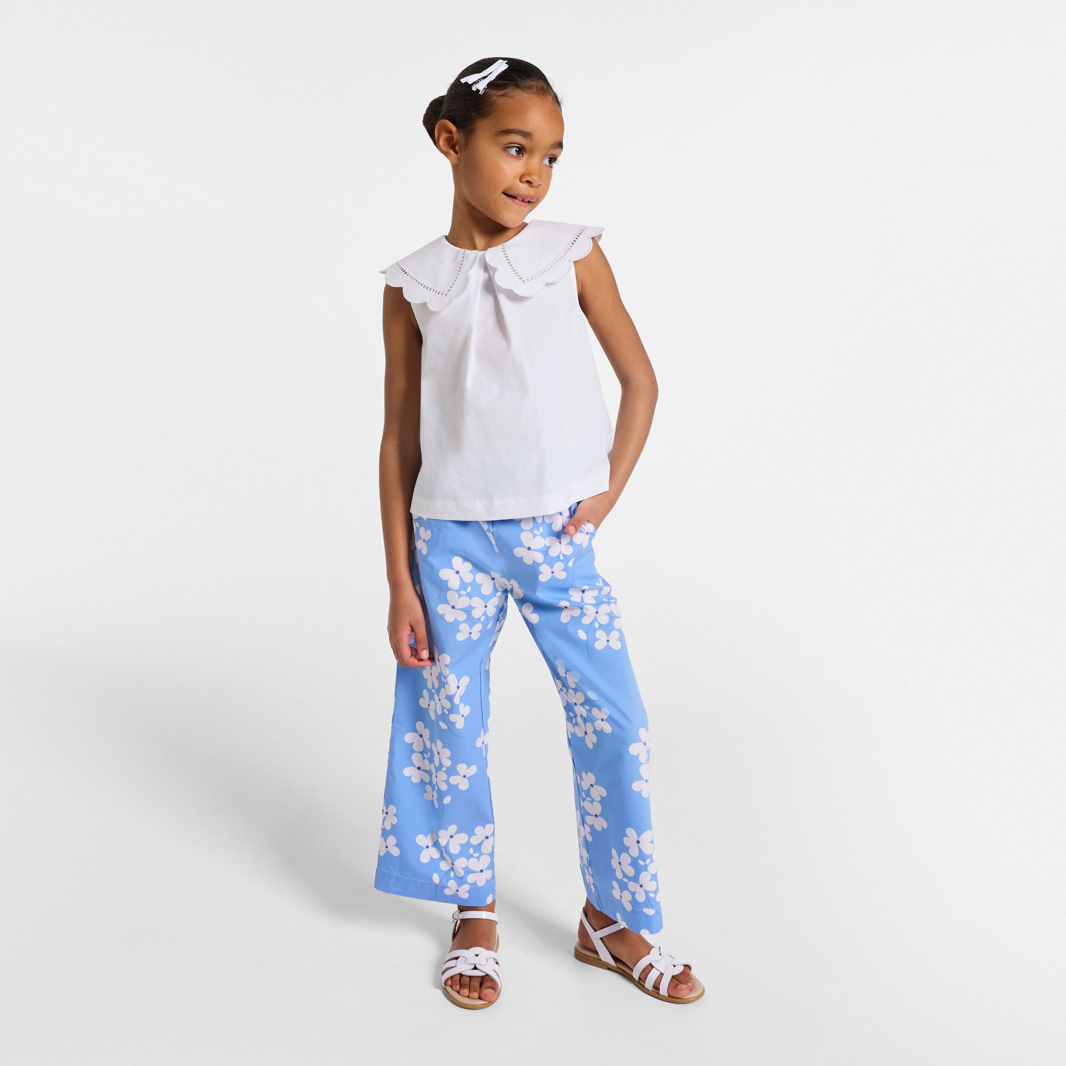 Girls' wide-leg printed poplin pants