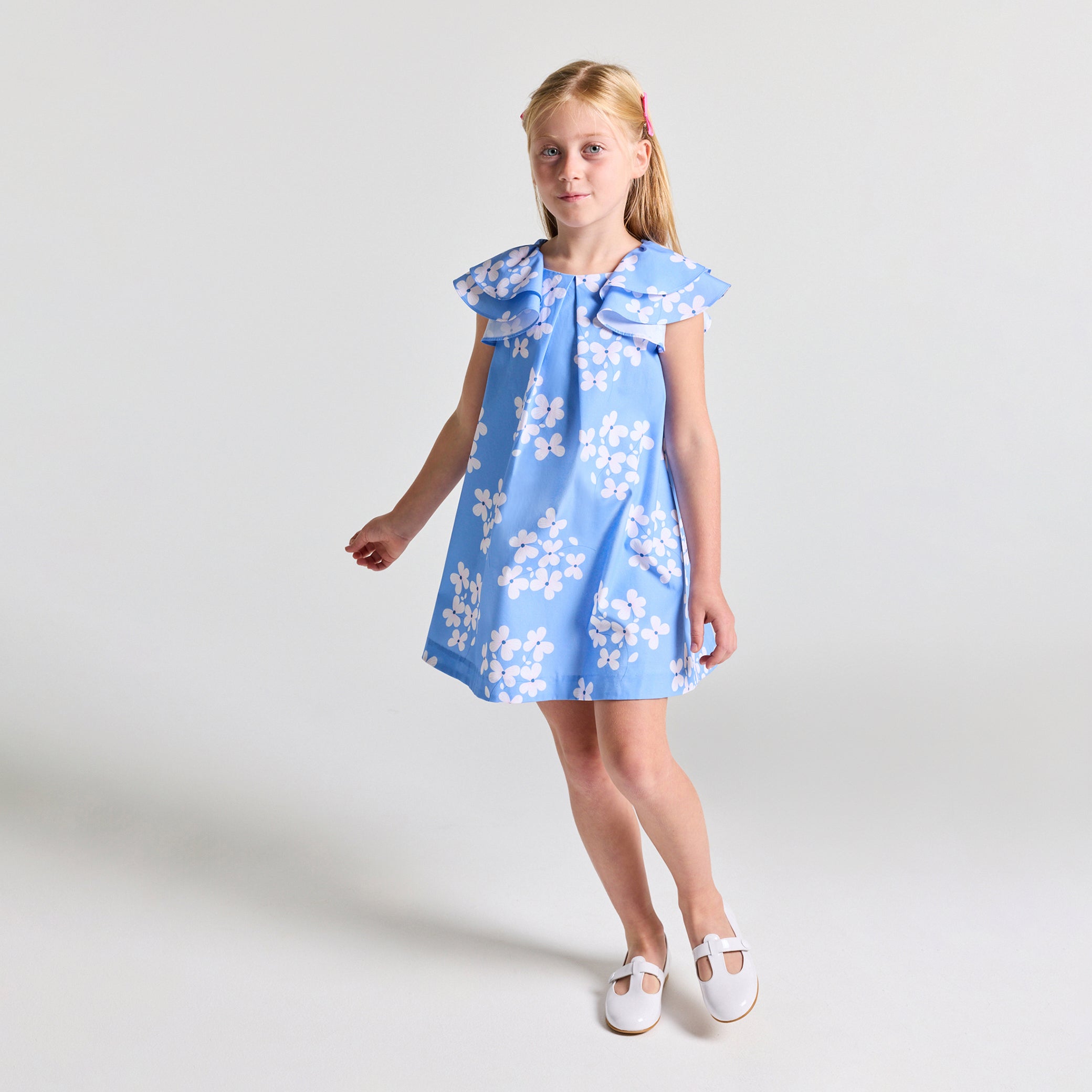 Girls' poplin dress with floral print